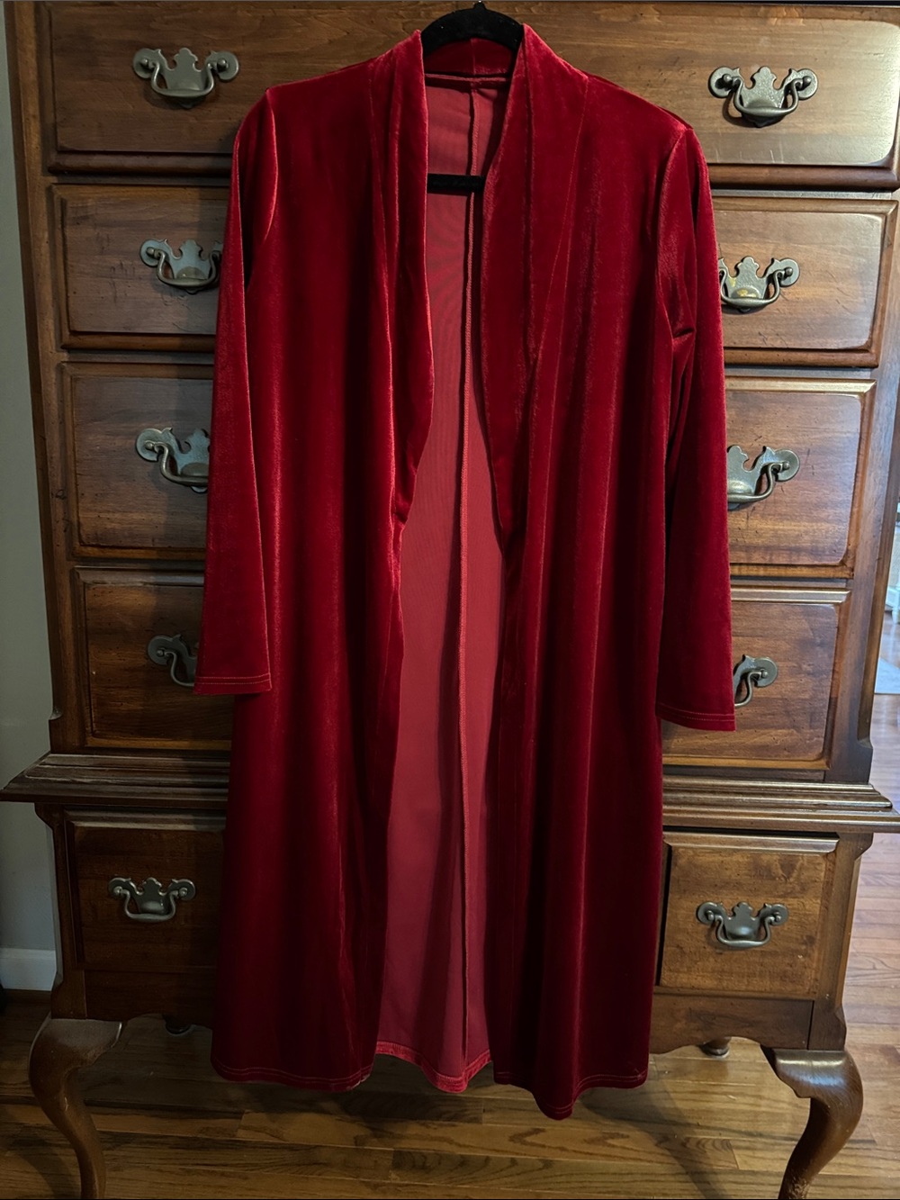 R. Vivimos Velvet Long Open-Front Cardigan in Deep Red